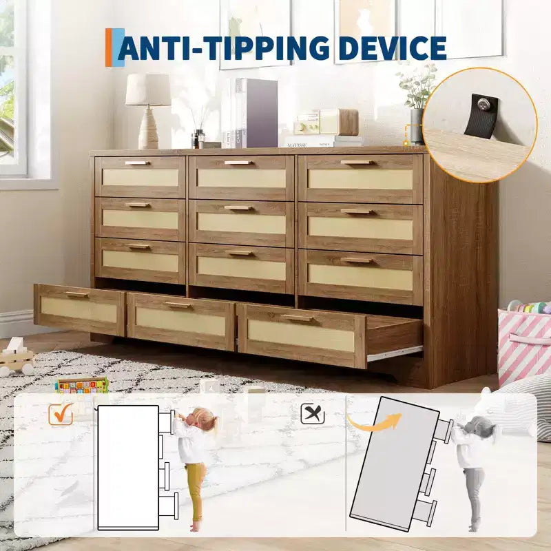 12 Drawer Dresser for Bedroom, Modern Rattan Chest of Drawers, Wood Storage Organizer with Rattan Panel Drawers and Handles, for Nursery, Entryway