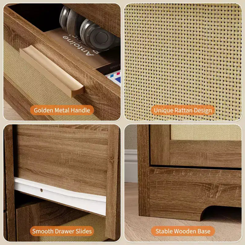 12 Drawer Dresser for Bedroom, Modern Rattan Chest of Drawers, Wood Storage Organizer with Rattan Panel Drawers and Handles, for Nursery, Entryway
