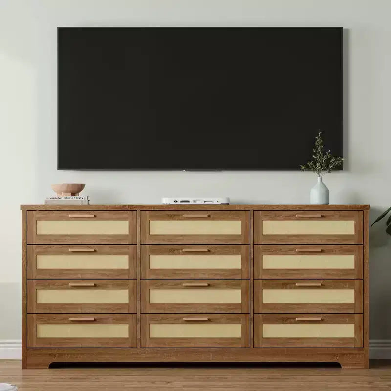 12 Drawer Dresser for Bedroom, Modern Rattan Chest of Drawers, Wood Storage Organizer with Rattan Panel Drawers and Handles, for Nursery, Entryway