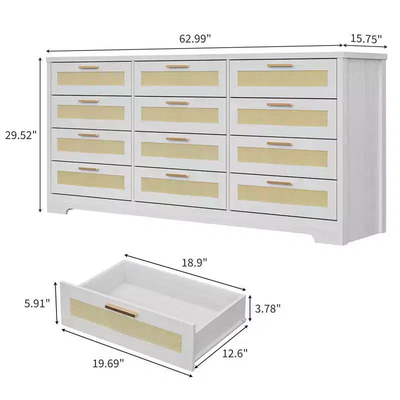 12 Drawer Dresser for Bedroom, Modern Rattan Chest of Drawers, Wood Storage Organizer with Rattan Panel Drawers and Handles, for Nursery, Entryway
