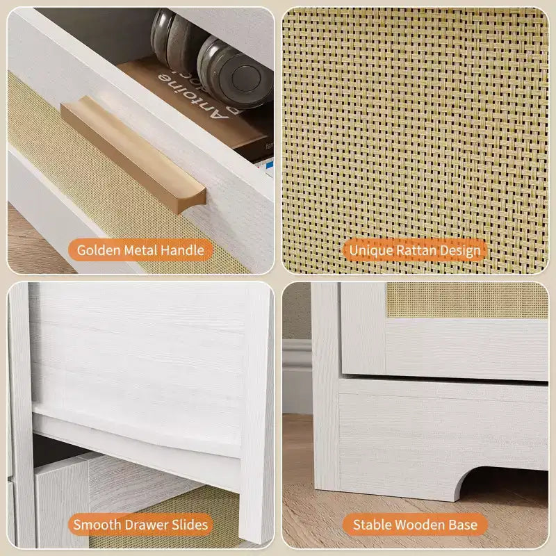12 Drawer Dresser for Bedroom, Modern Rattan Chest of Drawers, Wood Storage Organizer with Rattan Panel Drawers and Handles, for Nursery, Entryway