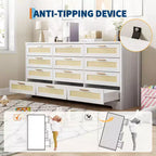Commode à 12 tiroirs pour chambre à coucher, commode moderne en rotin, meuble de rangement en bois avec tiroirs et poignées en rotin, pour chambre de bébé, entrée