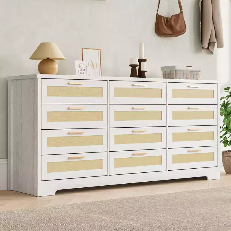 12 Drawer Dresser for Bedroom, Modern Rattan Chest of Drawers, Wood Storage Organizer with Rattan Panel Drawers and Handles, for Nursery, Entryway
