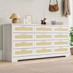 Commode à 12 tiroirs pour chambre à coucher, commode moderne en rotin, meuble de rangement en bois avec tiroirs et poignées en rotin, pour chambre de bébé, entrée