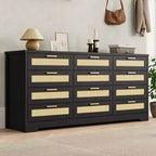 Commode à 12 tiroirs pour chambre à coucher, commode moderne en rotin, meuble de rangement en bois avec tiroirs et poignées en rotin, pour chambre de bébé, entrée