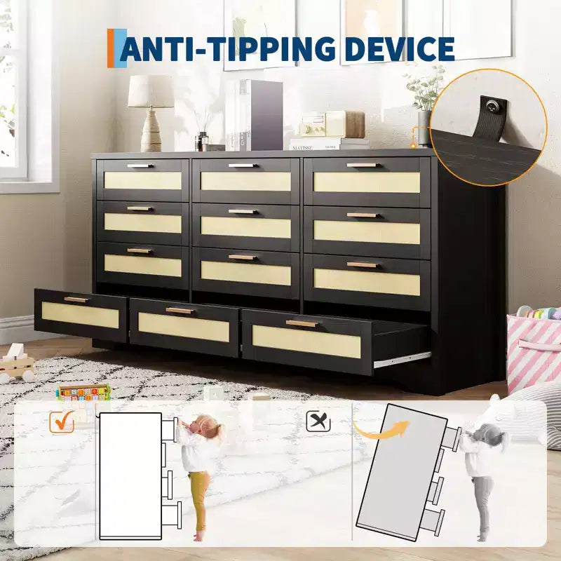 12 Drawer Dresser for Bedroom, Modern Rattan Chest of Drawers, Wood Storage Organizer with Rattan Panel Drawers and Handles, for Nursery, Entryway