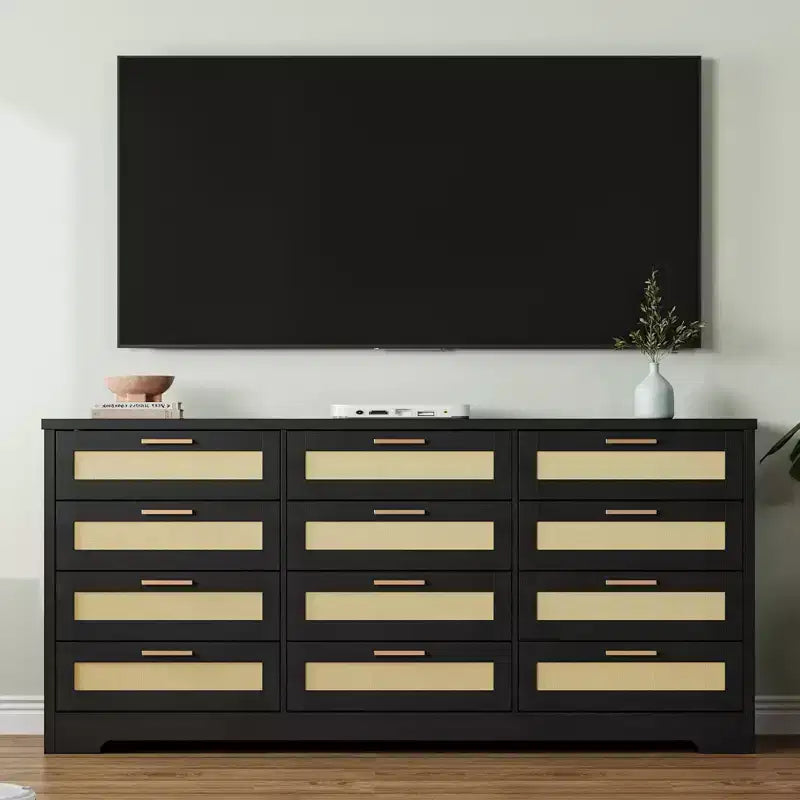 12 Drawer Dresser for Bedroom, Modern Rattan Chest of Drawers, Wood Storage Organizer with Rattan Panel Drawers and Handles, for Nursery, Entryway