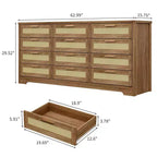 Commode à 12 tiroirs pour chambre à coucher, commode moderne en rotin, meuble de rangement en bois avec tiroirs et poignées en rotin, pour chambre de bébé, entrée