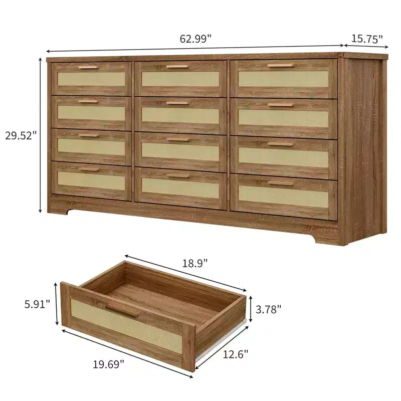 12 Drawer Dresser for Bedroom, Modern Rattan Chest of Drawers, Wood Storage Organizer with Rattan Panel Drawers and Handles, for Nursery, Entryway