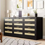 12 Drawer Dresser for Bedroom, Modern Rattan Chest of Drawers, Wood Storage Organizer with Rattan Panel Drawers and Handles, for Nursery, Entryway