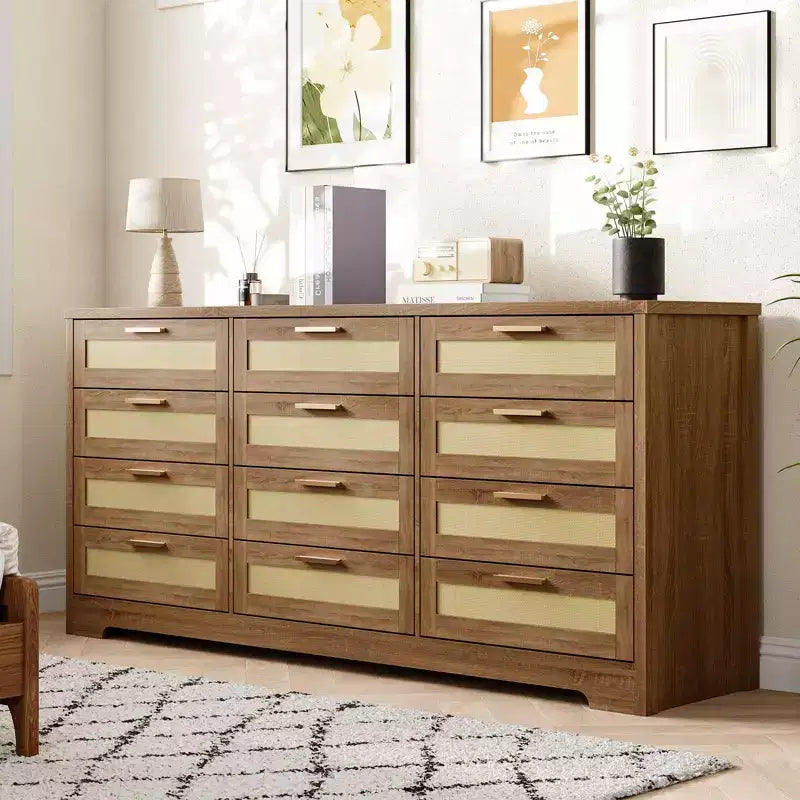 12 Drawer Dresser for Bedroom, Modern Rattan Chest of Drawers, Wood Storage Organizer with Rattan Panel Drawers and Handles, for Nursery, Entryway