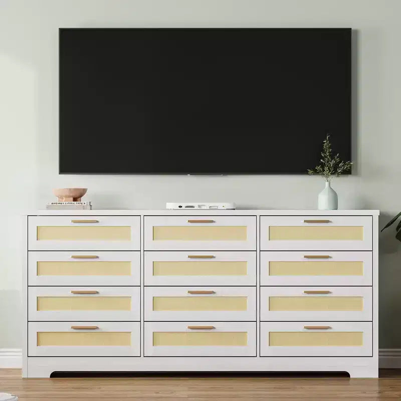 12 Drawer Dresser for Bedroom, Modern Rattan Chest of Drawers, Wood Storage Organizer with Rattan Panel Drawers and Handles, for Nursery, Entryway