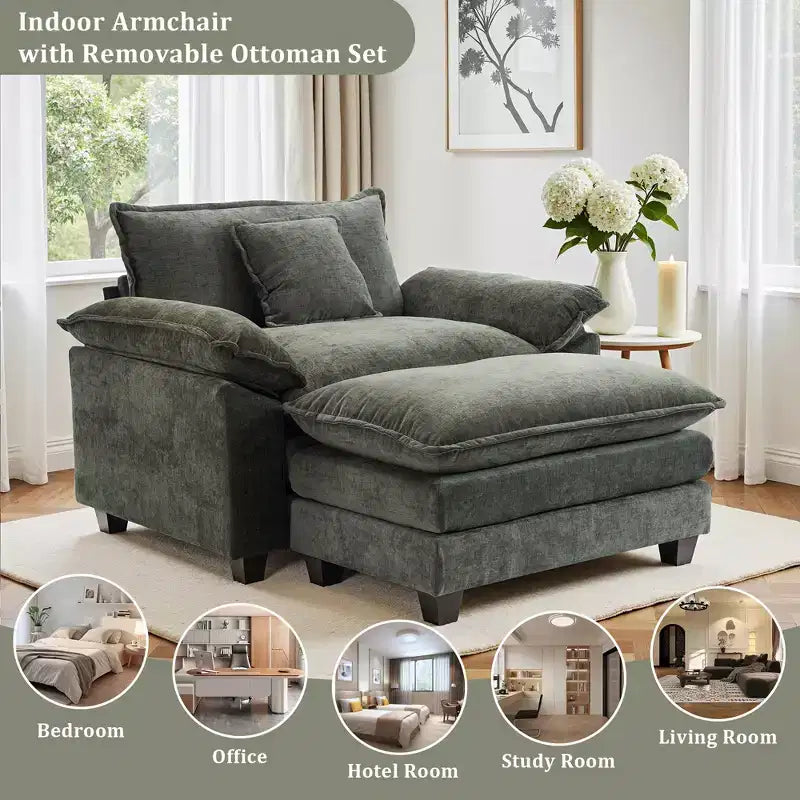 Oversized Chenille Accent Chair with Ottoman