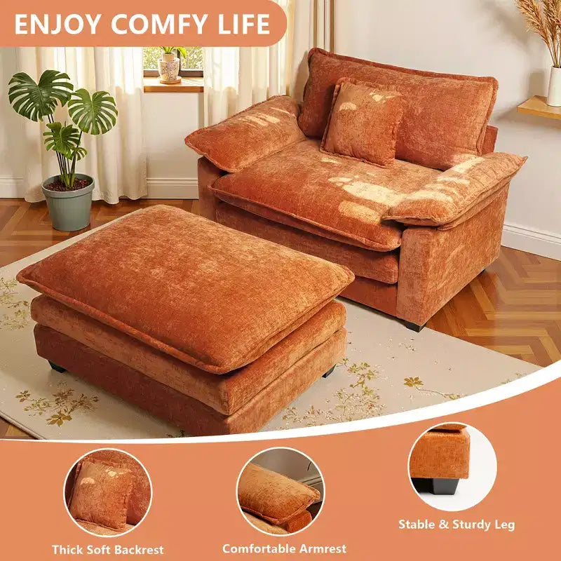 Oversized Chenille Accent Chair with Ottoman