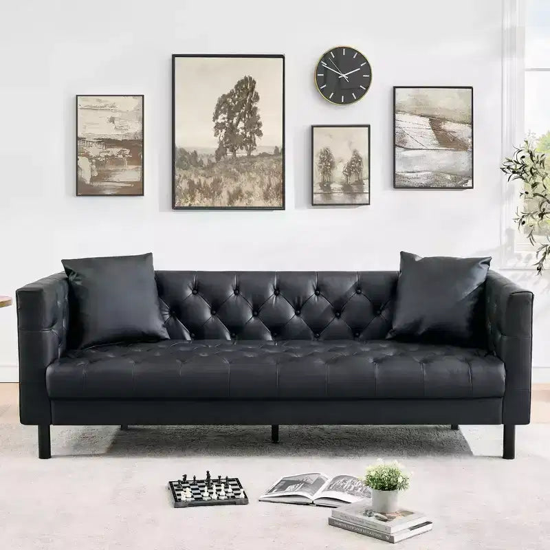 78 Leather Couch, Handmade Button Tufted 3 Seater Sofa, Chesterfield Sofa with Deep Seat and 2 Pillows, Leather Sofa, Charcoal Black