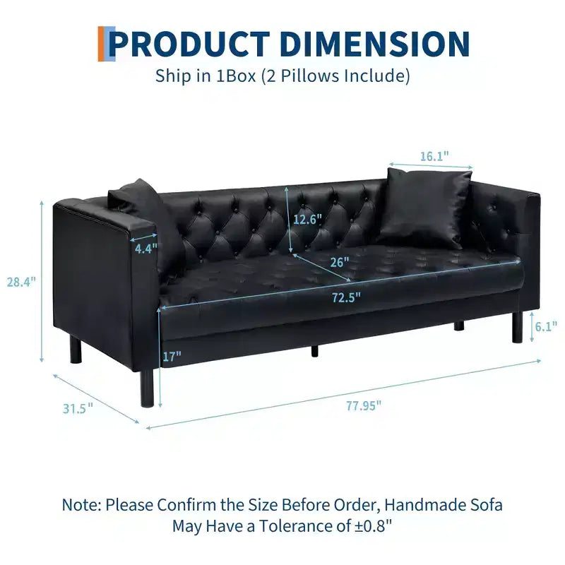 78 Leather Couch, Handmade Button Tufted 3 Seater Sofa, Chesterfield Sofa with Deep Seat and 2 Pillows, Leather Sofa, Charcoal Black