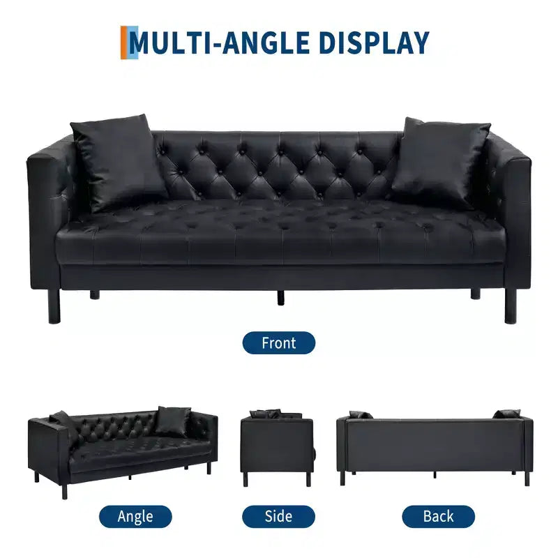 78 Leather Couch, Handmade Button Tufted 3 Seater Sofa, Chesterfield Sofa with Deep Seat and 2 Pillows, Leather Sofa, Charcoal Black