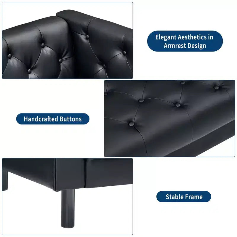 78 Leather Couch, Handmade Button Tufted 3 Seater Sofa, Chesterfield Sofa with Deep Seat and 2 Pillows, Leather Sofa, Charcoal Black