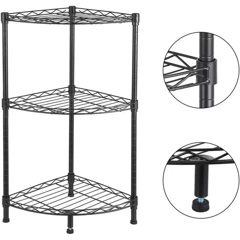 3 Tier Corner Shelf, Rustic Black Storage Display Rack for Bedroom, Living Room, Office, Kitchen, 13.8x13.8x31.5