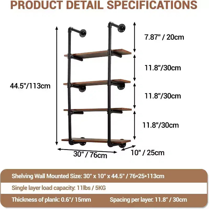 4 Tier Industrial Pipe Wall Mounted Shelving, 30 Rustic Floating Shelf Unit, Real Wood, Kitchen Bar, Book & Wine Display Rack