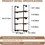 4 Tier Industrial Pipe Wall Mounted Shelving, 30 Rustic Floating Shelf Unit, Real Wood, Kitchen Bar, Book & Wine Display Rack