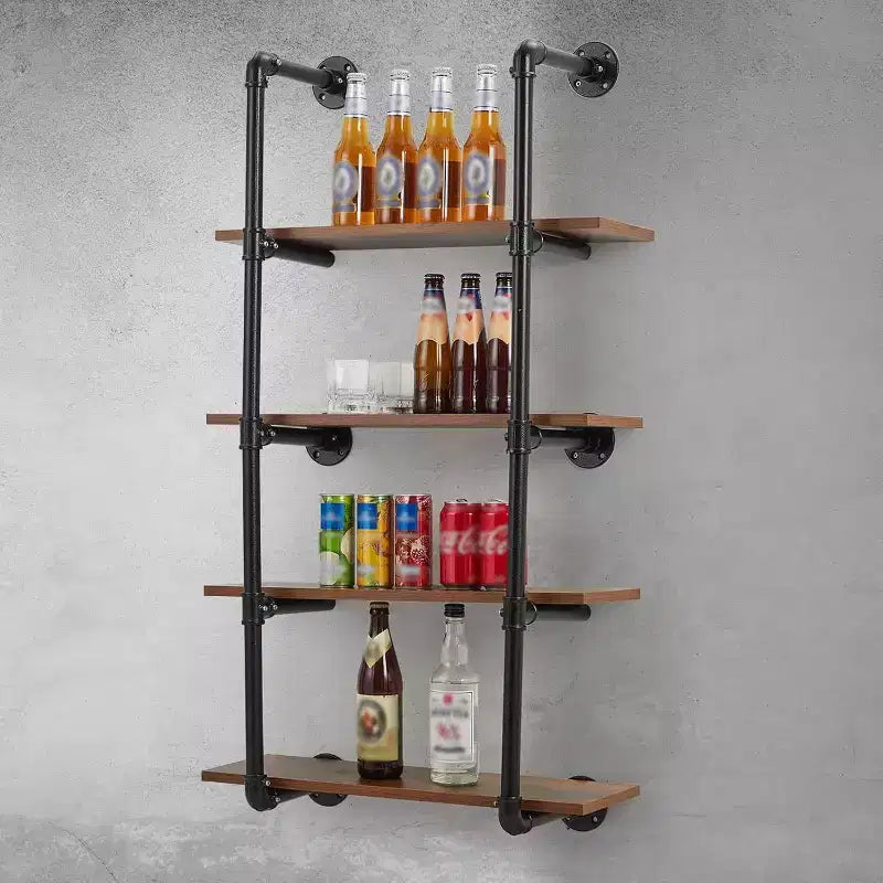 4 Tier Industrial Pipe Wall Mounted Shelving, 30 Rustic Floating Shelf Unit, Real Wood, Kitchen Bar, Book & Wine Display Rack