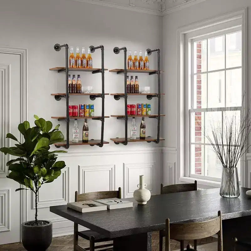4 Tier Industrial Pipe Wall Mounted Shelving, 30 Rustic Floating Shelf Unit, Real Wood, Kitchen Bar, Book & Wine Display Rack