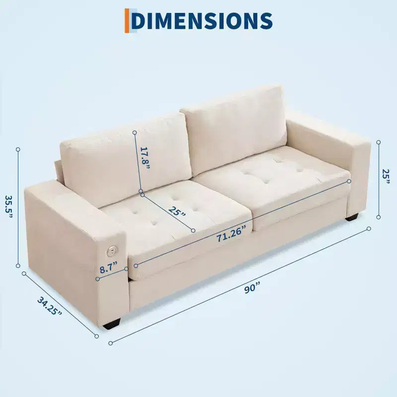 90 Compact Sofa, 2-Seater Gray Chenille Couch with USB/Type-C Ports & Side Pockets, Medium Firm Support