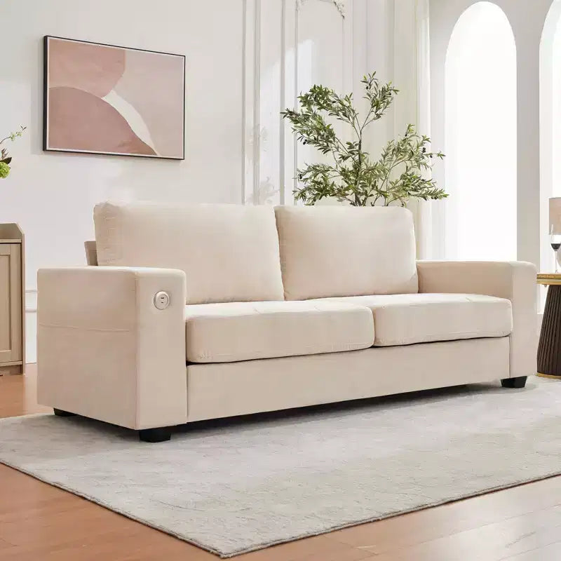 90 Compact Sofa, 2-Seater Gray Chenille Couch with USB/Type-C Ports & Side Pockets, Medium Firm Support