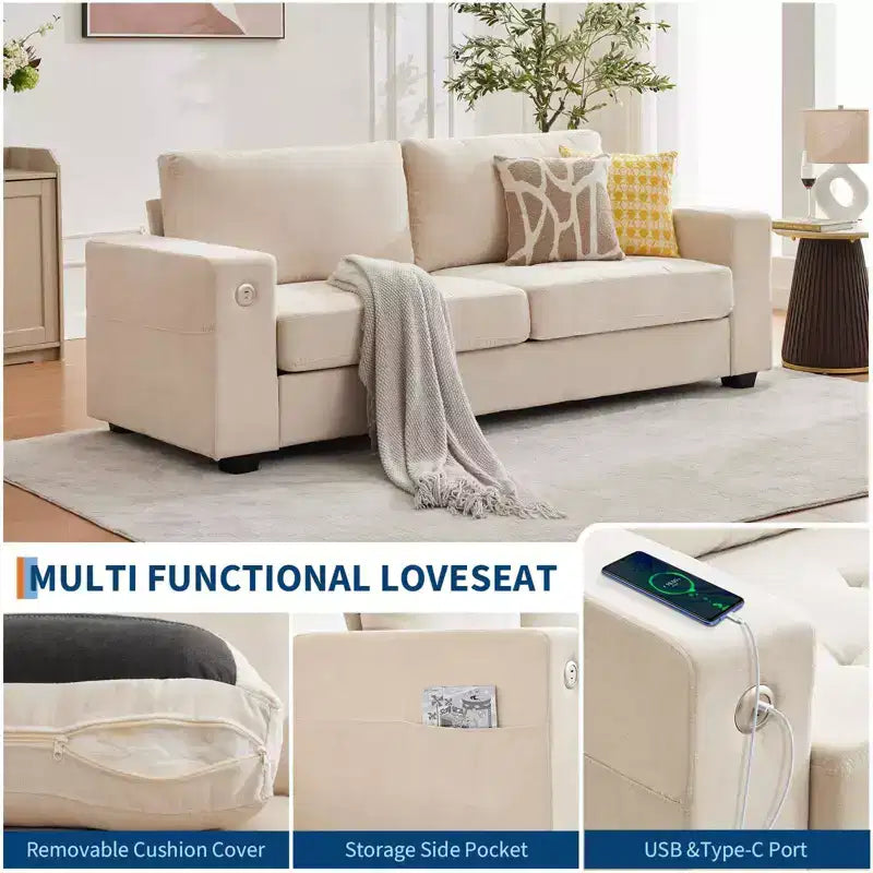90 Compact Sofa, 2-Seater Gray Chenille Couch with USB/Type-C Ports & Side Pockets, Medium Firm Support