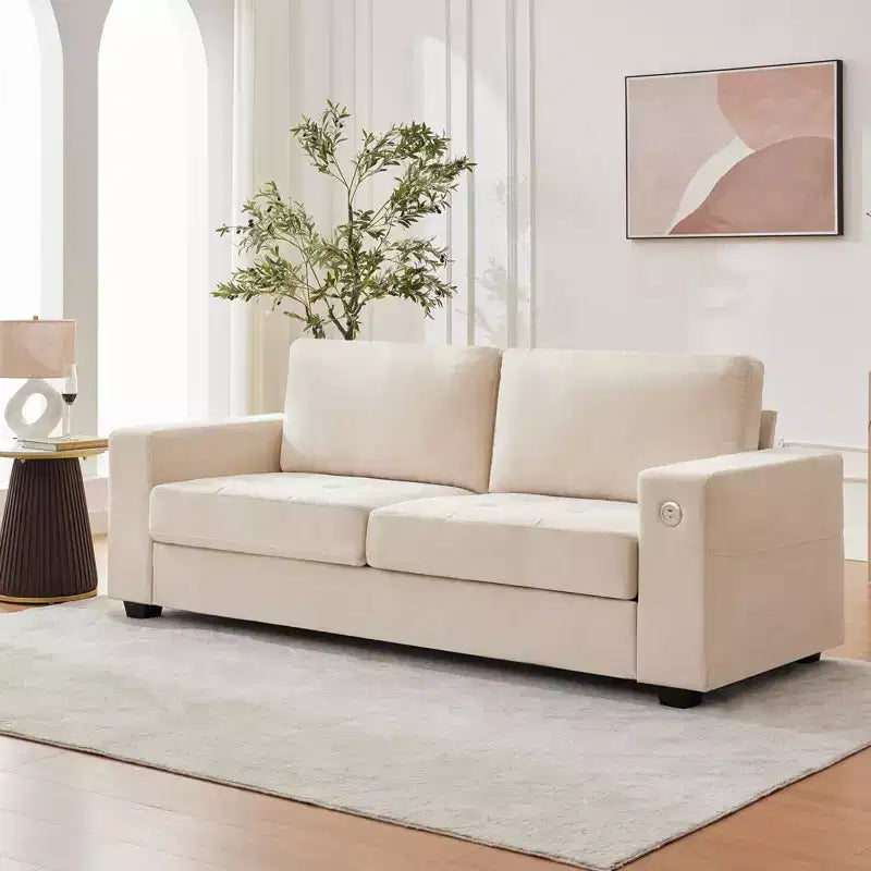 90 Compact Sofa, 2-Seater Gray Chenille Couch with USB/Type-C Ports & Side Pockets, Medium Firm Support