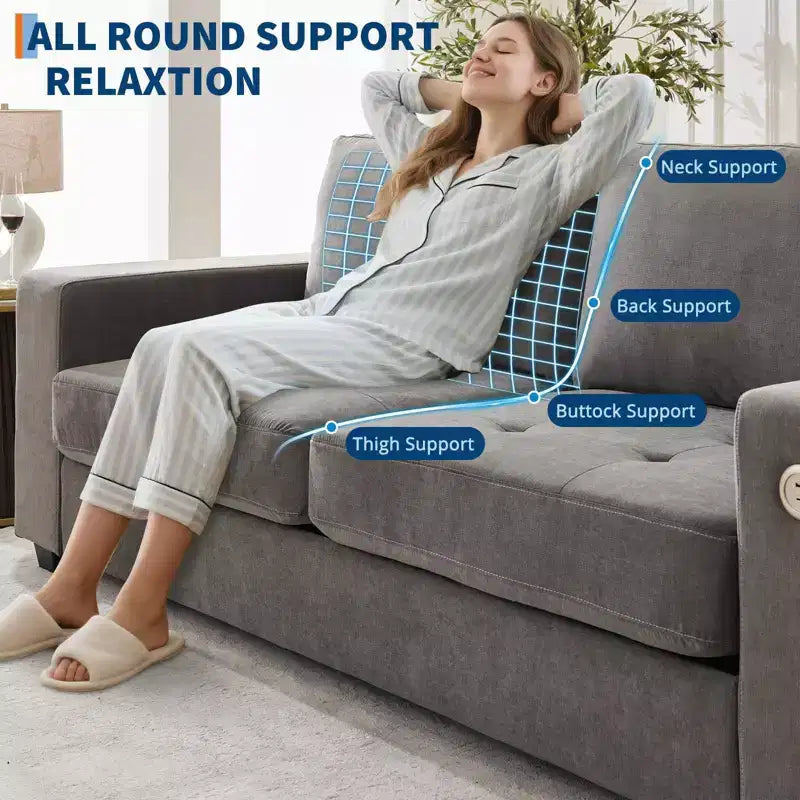 90 Compact Sofa, 2-Seater Gray Chenille Couch with USB/Type-C Ports & Side Pockets, Medium Firm Support