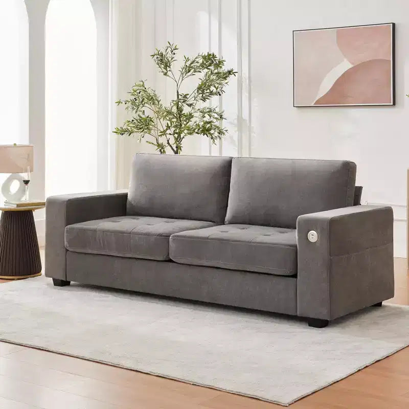 90 Compact Sofa, 2-Seater Gray Chenille Couch with USB/Type-C Ports & Side Pockets, Medium Firm Support