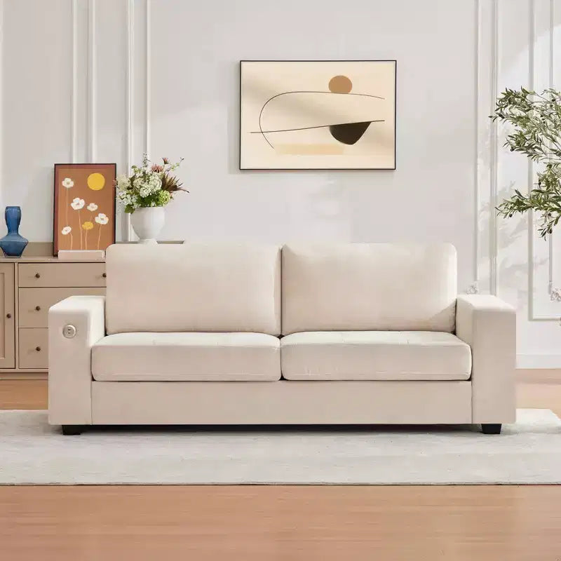90 Compact Sofa, 2-Seater Gray Chenille Couch with USB/Type-C Ports & Side Pockets, Medium Firm Support