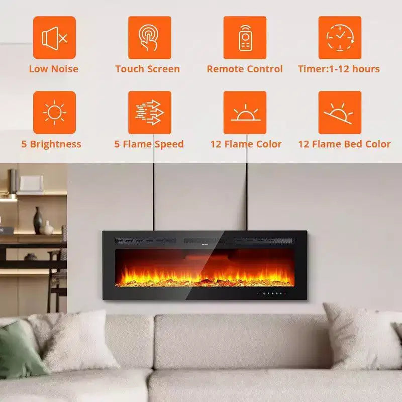 88 inch Electric Fireplace, Smart Recessed or Wall-Mounted, WiFi Control, Dual Heat 750/1500W, 12 Flame Colors, Touch Screen, Timer