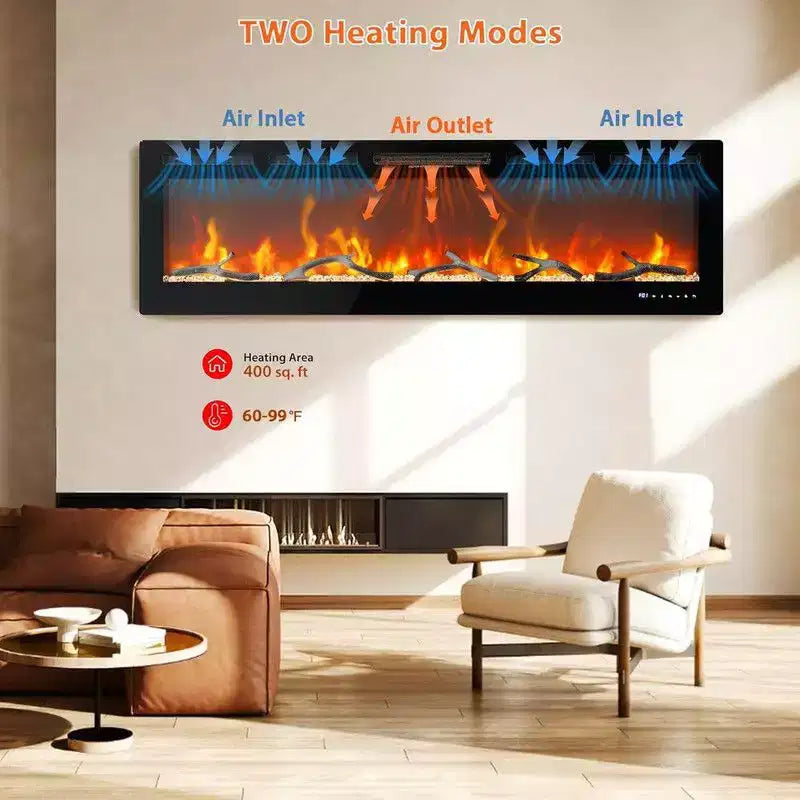 88 inch Electric Fireplace, Smart Recessed or Wall-Mounted, WiFi Control, Dual Heat 750/1500W, 12 Flame Colors, Touch Screen, Timer
