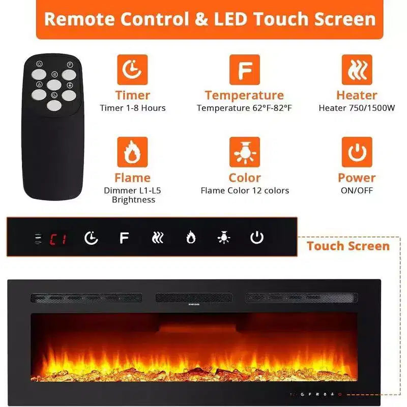 88 inch Electric Fireplace, Smart Recessed or Wall-Mounted, WiFi Control, Dual Heat 750/1500W, 12 Flame Colors, Touch Screen, Timer