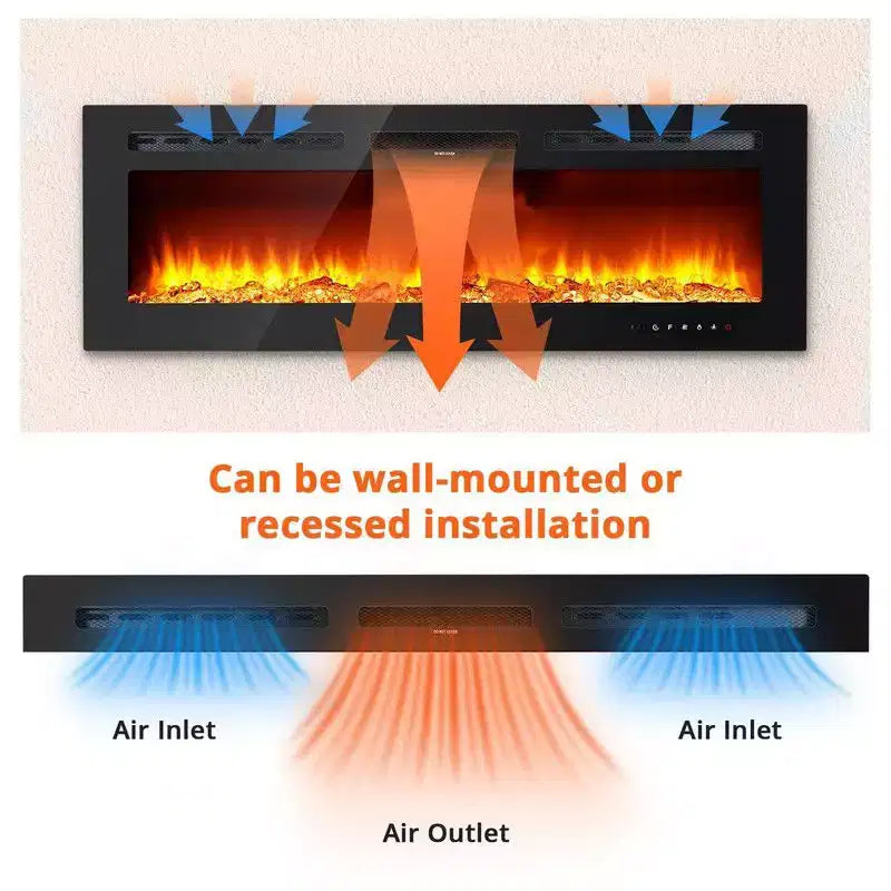 80 inch Smart Electric Fireplace Recessed & Mounted, Dual Heat 750/1500W with Remote, Adjustable Flames, Touch Screen, Timer