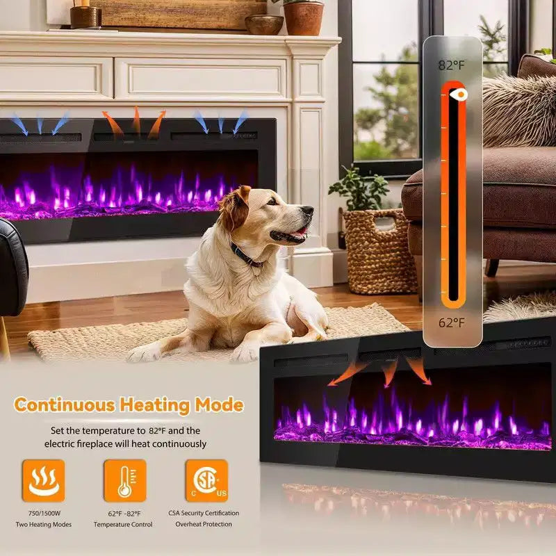80 inch Smart Electric Fireplace Recessed & Mounted, Dual Heat 750/1500W with Remote, Adjustable Flames, Touch Screen, Timer