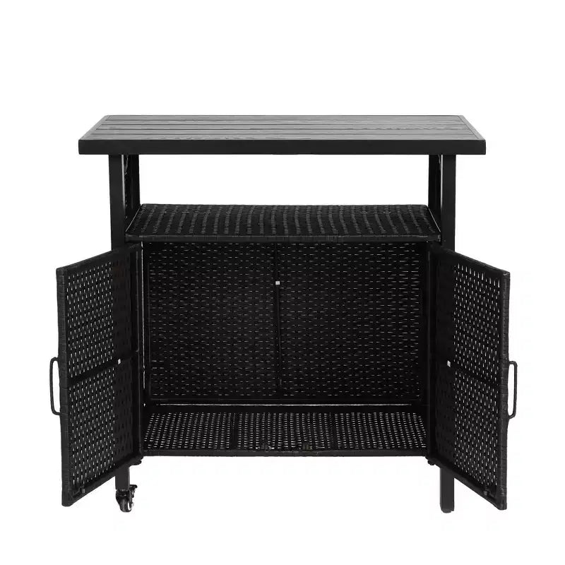 Bar Serving Cart Outdoor Wicker Wine and Beverage Storage with Plastic Wood Top for Patio, Black, 35.43*19.69*35.43