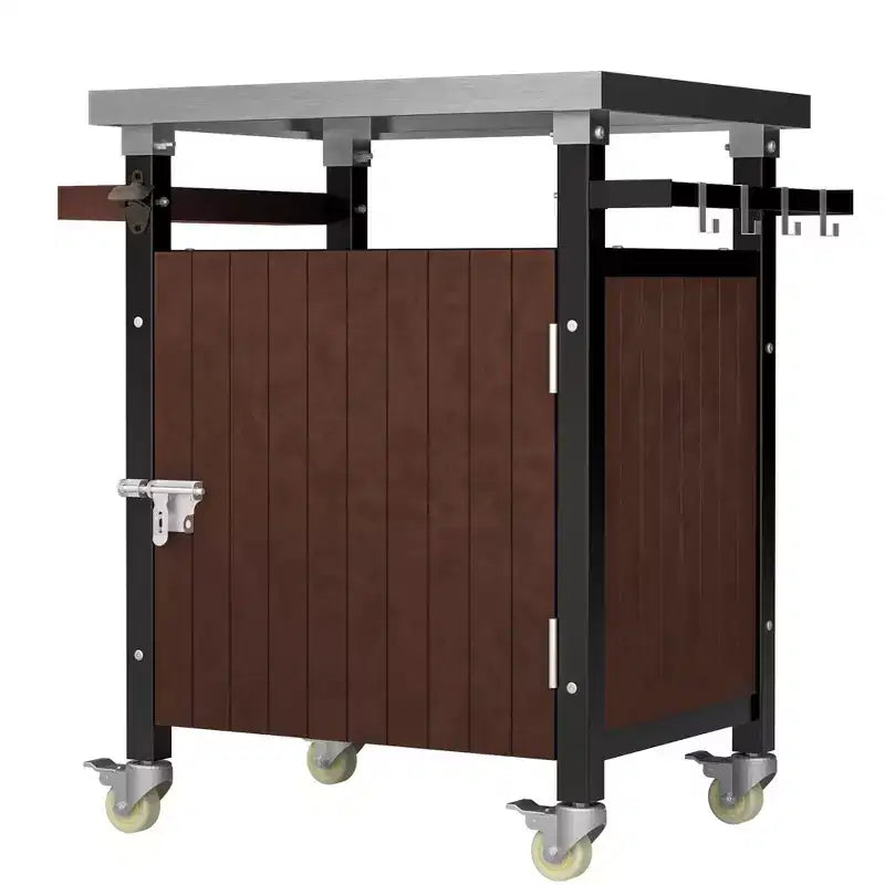 Bar Serving Cart Outdoor Grill Cart with Stainless Steel Tabletop for Patio Kitchen, Brown, 32.4*18.7*34.7