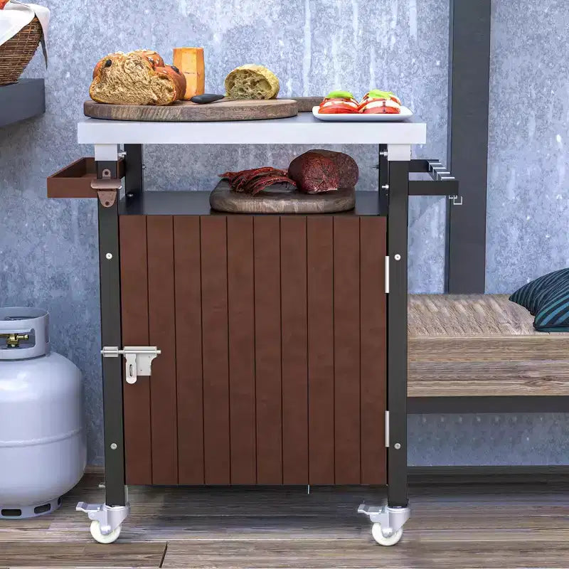Bar Serving Cart Outdoor Grill Cart with Stainless Steel Tabletop for Patio Kitchen, Brown, 32.4*18.7*34.7