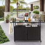 Bar Serving Cart Outdoor Wicker Table with Cabinet and Steel Top for Patio, Black, 51.57*19.69*35.83