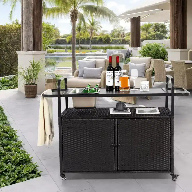 Bar Serving Cart Outdoor Wicker Table with Cabinet and Steel Top for Patio, Black, 51.57*19.69*35.83