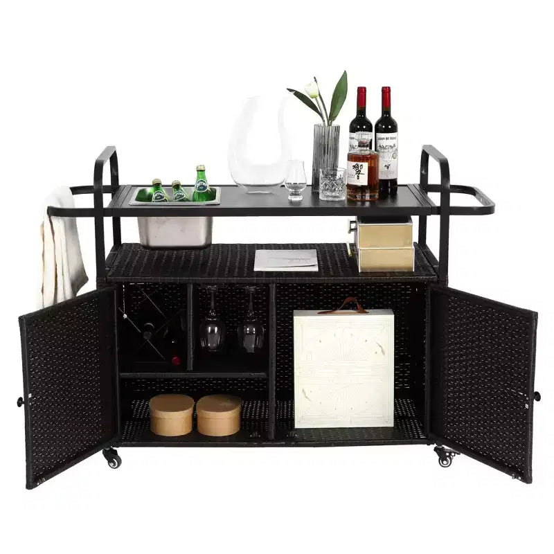 Bar Serving Cart Outdoor Wicker Table with Cabinet and Steel Top for Patio, Black, 51.57*19.69*35.83