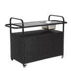 Bar Serving Cart Outdoor Wicker Table with Cabinet and Steel Top for Patio, Black, 51.57*19.69*35.83