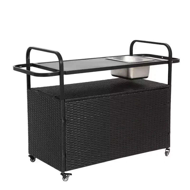 Bar Serving Cart Outdoor Wicker Table with Cabinet and Steel Top for Patio, Black, 51.57*19.69*35.83