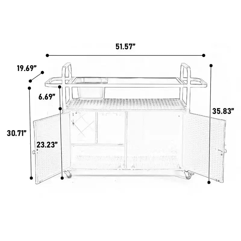 Bar Serving Cart Outdoor Wicker Table with Cabinet and Steel Top for Patio, Black, 51.57*19.69*35.83