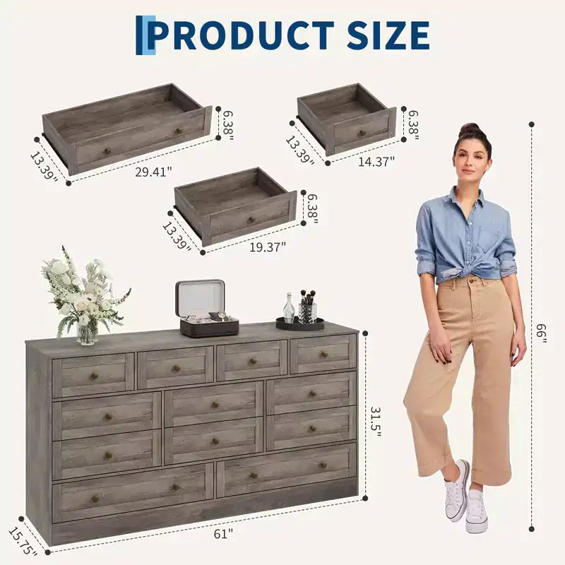 12 Drawers Wood Dressers for Bedroom, Wooden Chest of Drawers Clothes Storage Organizer for Living Room, Hallway, Modern Wide TV Stand Dresser