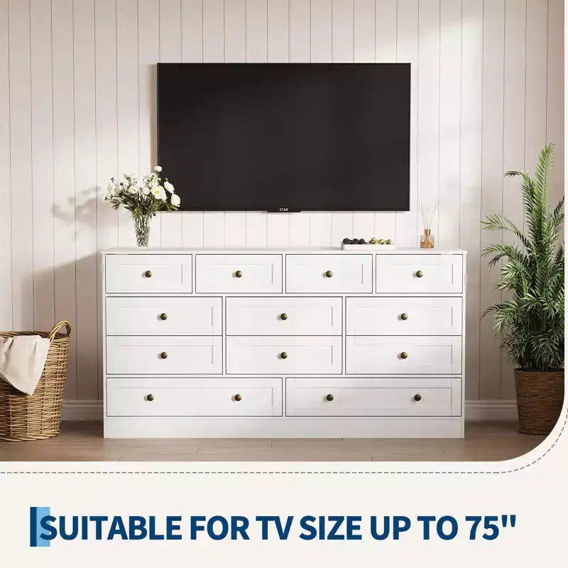 12 Drawers Wood Dressers for Bedroom, Wooden Chest of Drawers Clothes Storage Organizer for Living Room, Hallway, Modern Wide TV Stand Dresser